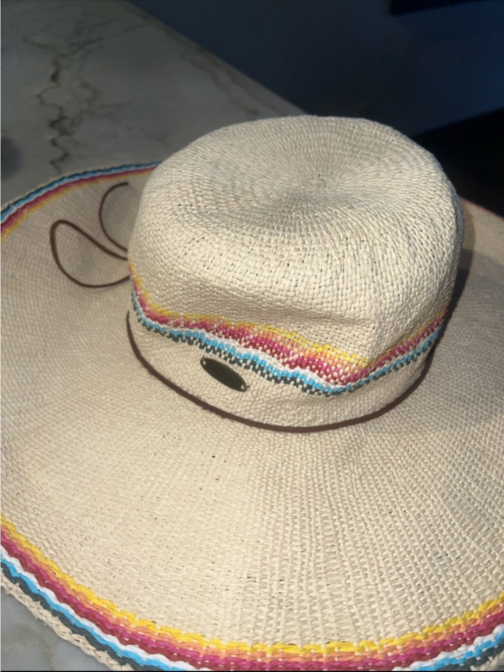 Panama Jack Cream Straw Hat with Pink, Yellow & Blue Trim